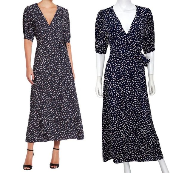 MISA Los Angeles Andrea Wrap Dress in Resort Petals Print Navy Blue Womens Sz XS - Picture 1 of 16